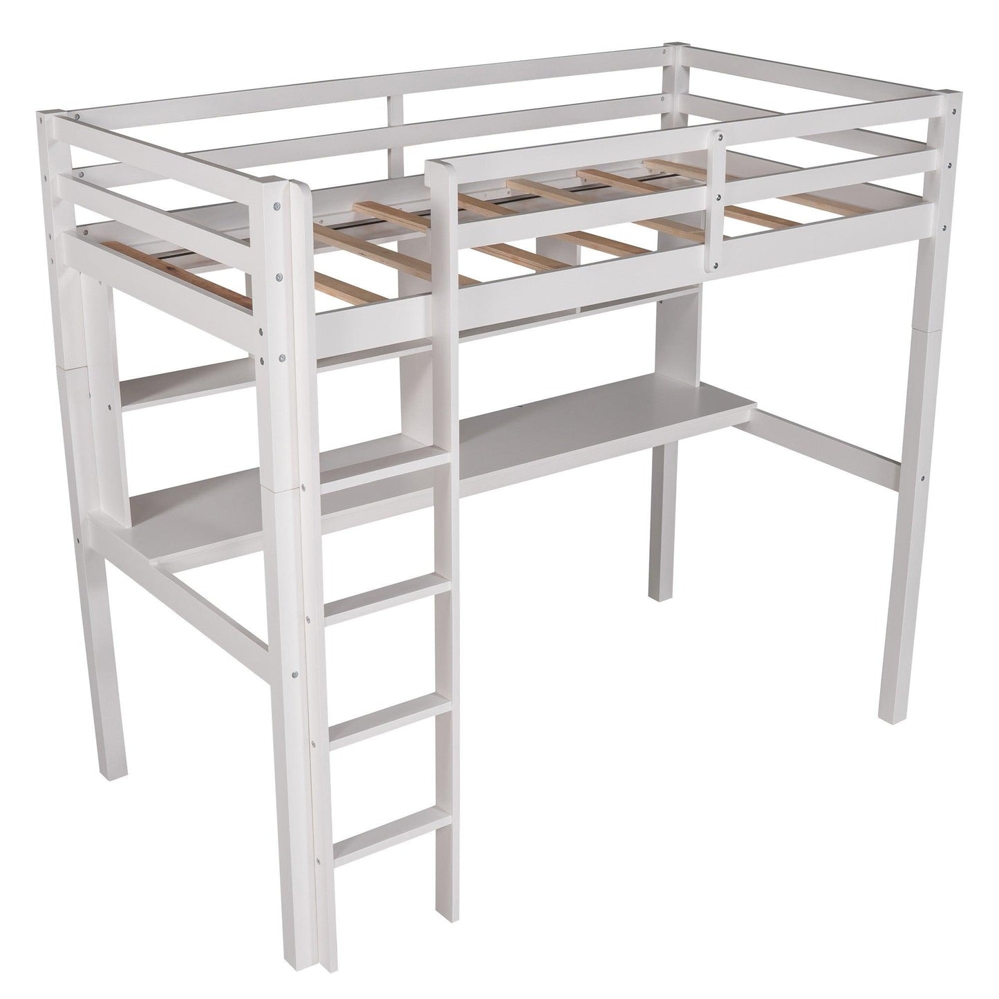 White Twin Loft Bed With Desk and Shelves - FurniFindUSA