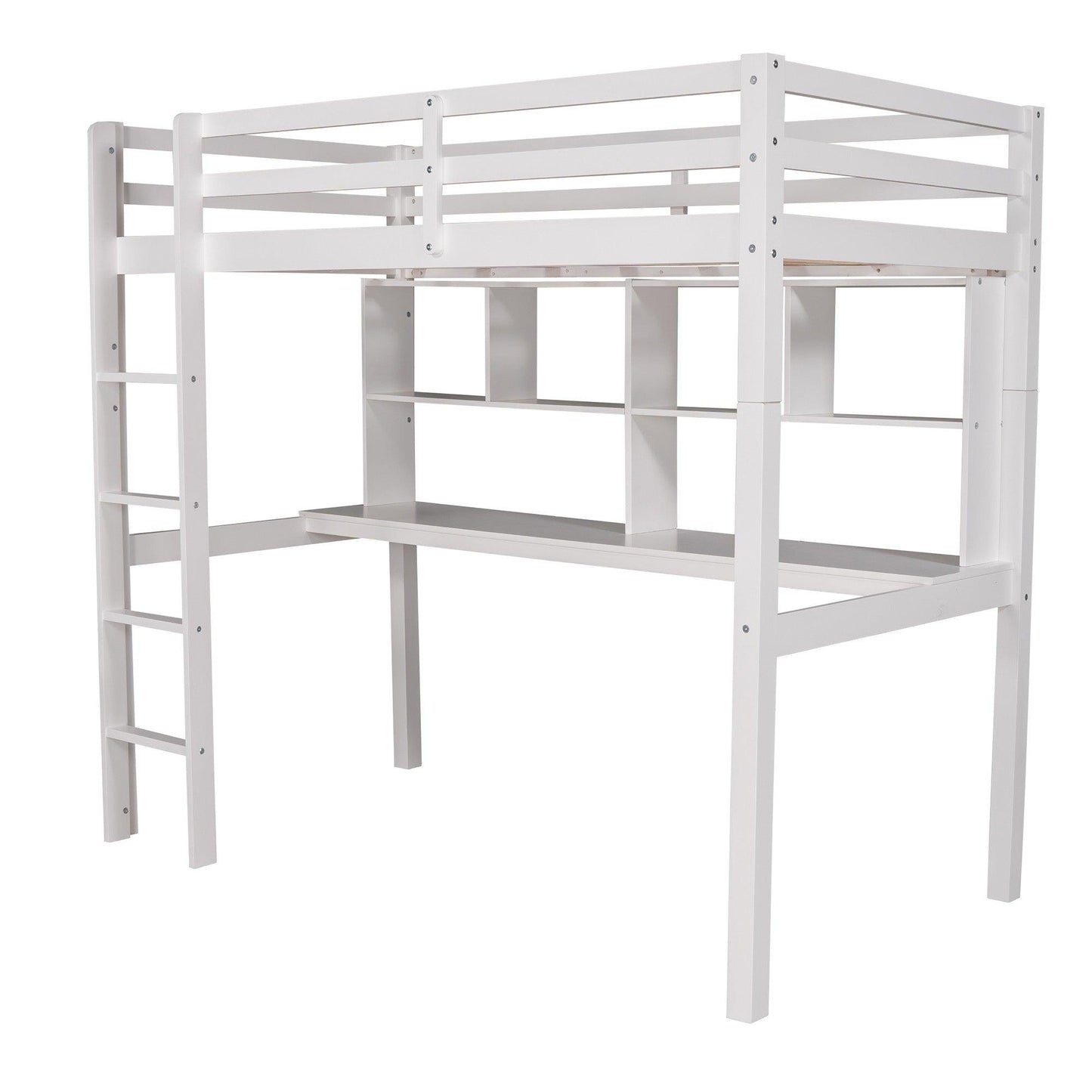 White Twin Loft Bed With Desk and Shelves - FurniFindUSA