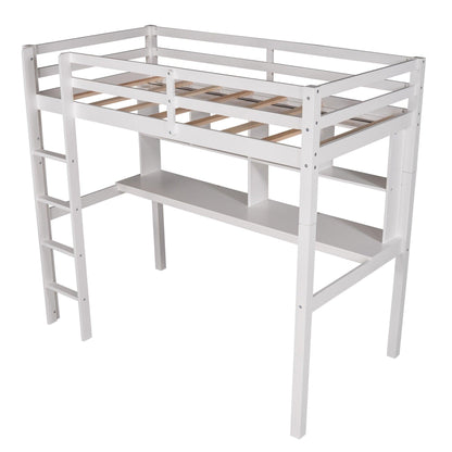 White Twin Loft Bed With Desk and Shelves - FurniFindUSA