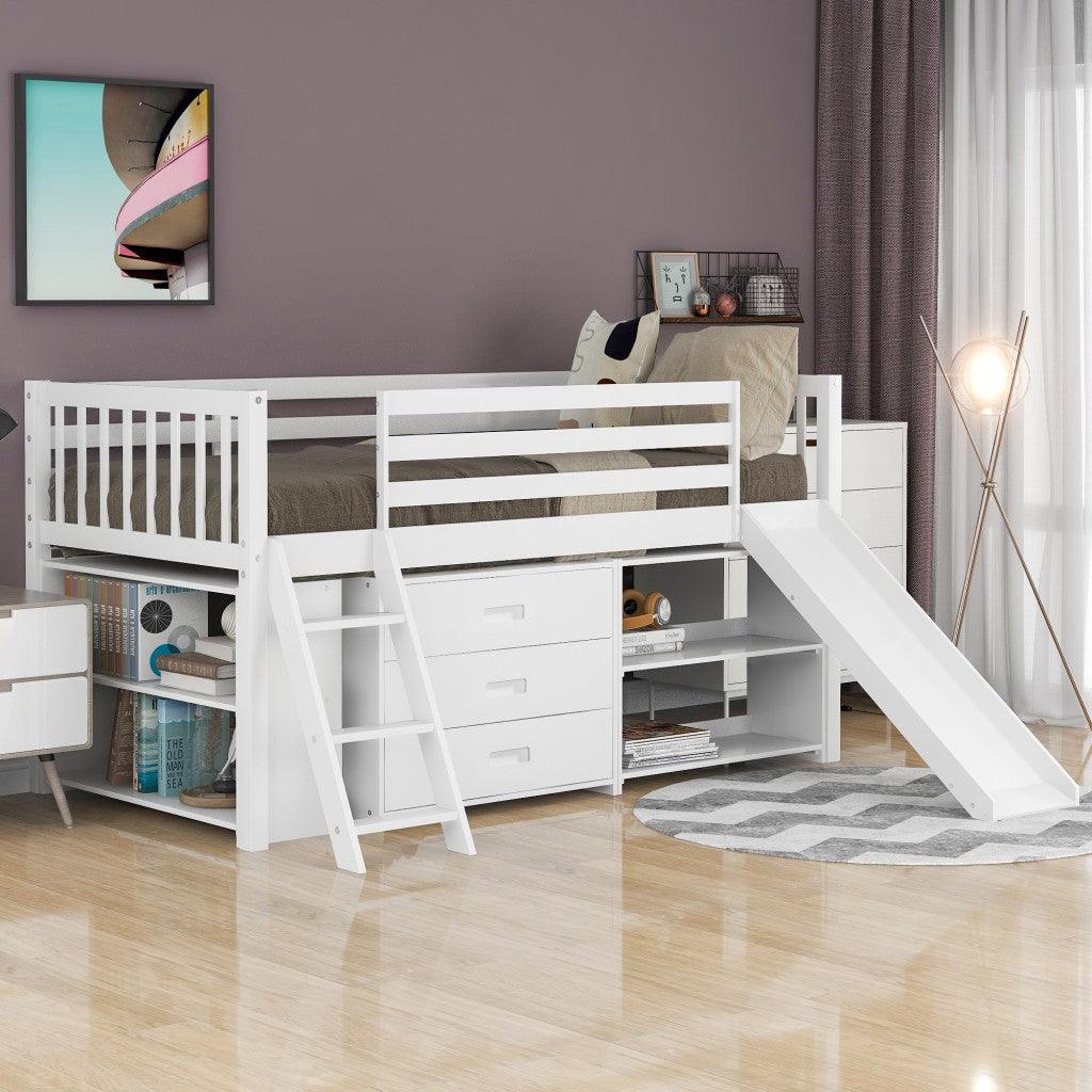 White Twin Loft Bed With Cabinet and Shelves - FurniFindUSA