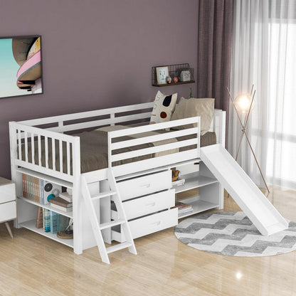 White Twin Loft Bed With Cabinet and Shelves - FurniFindUSA
