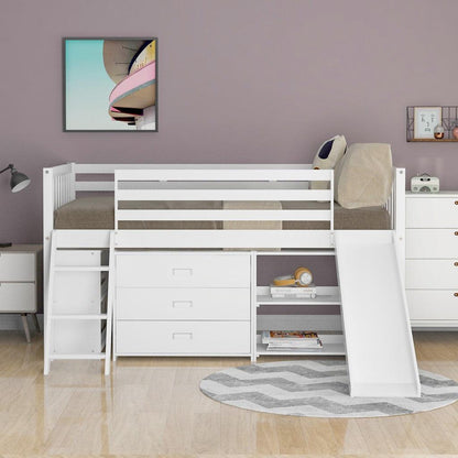 White Twin Loft Bed With Cabinet and Shelves - FurniFindUSA