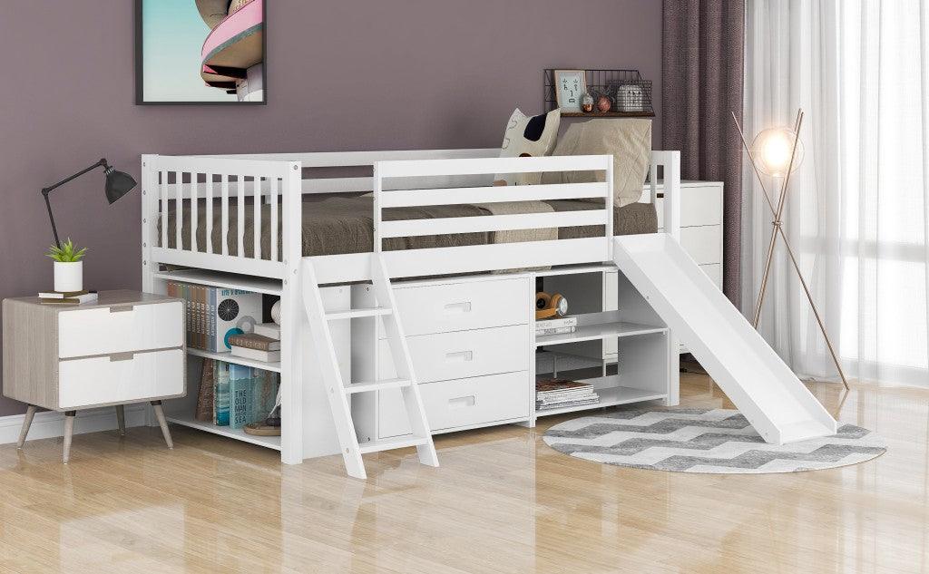 White Twin Loft Bed With Cabinet and Shelves - FurniFindUSA