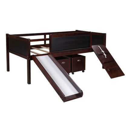 Climbing Frame Dark Brown Twin Size Loft Bed with Slide and Storage Boxes - FurniFindUSA