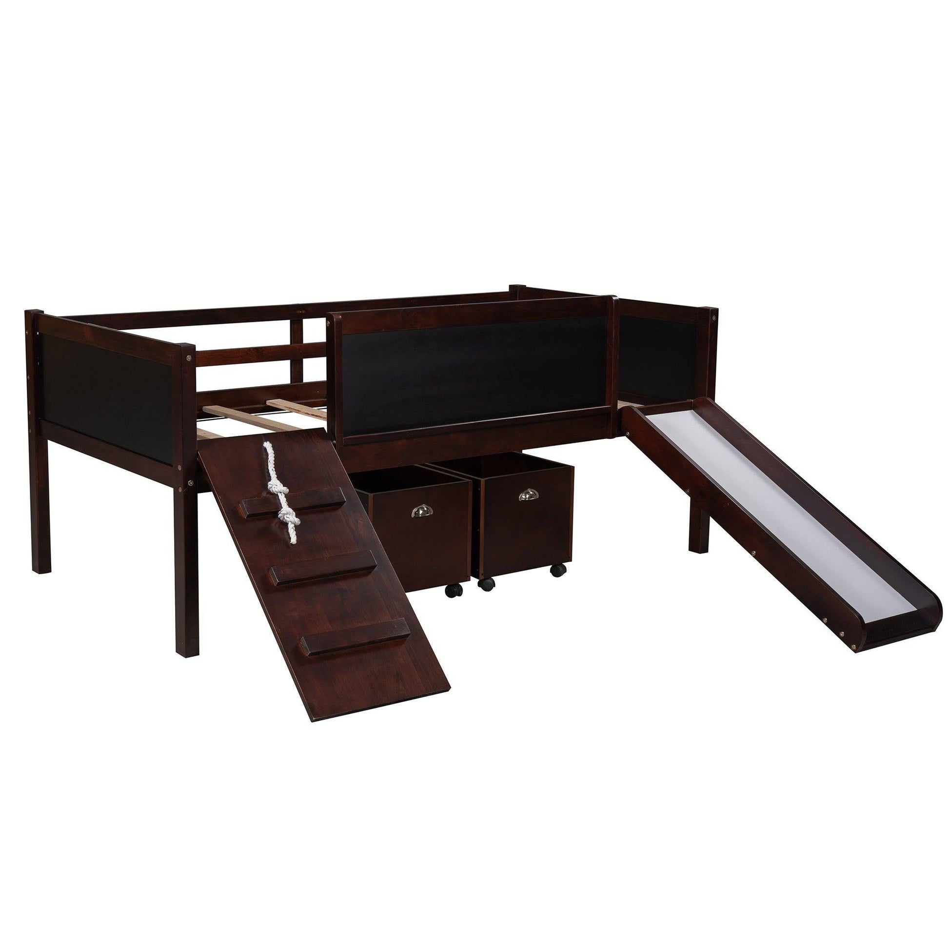 Climbing Frame Dark Brown Twin Size Loft Bed with Slide and Storage Boxes - FurniFindUSA