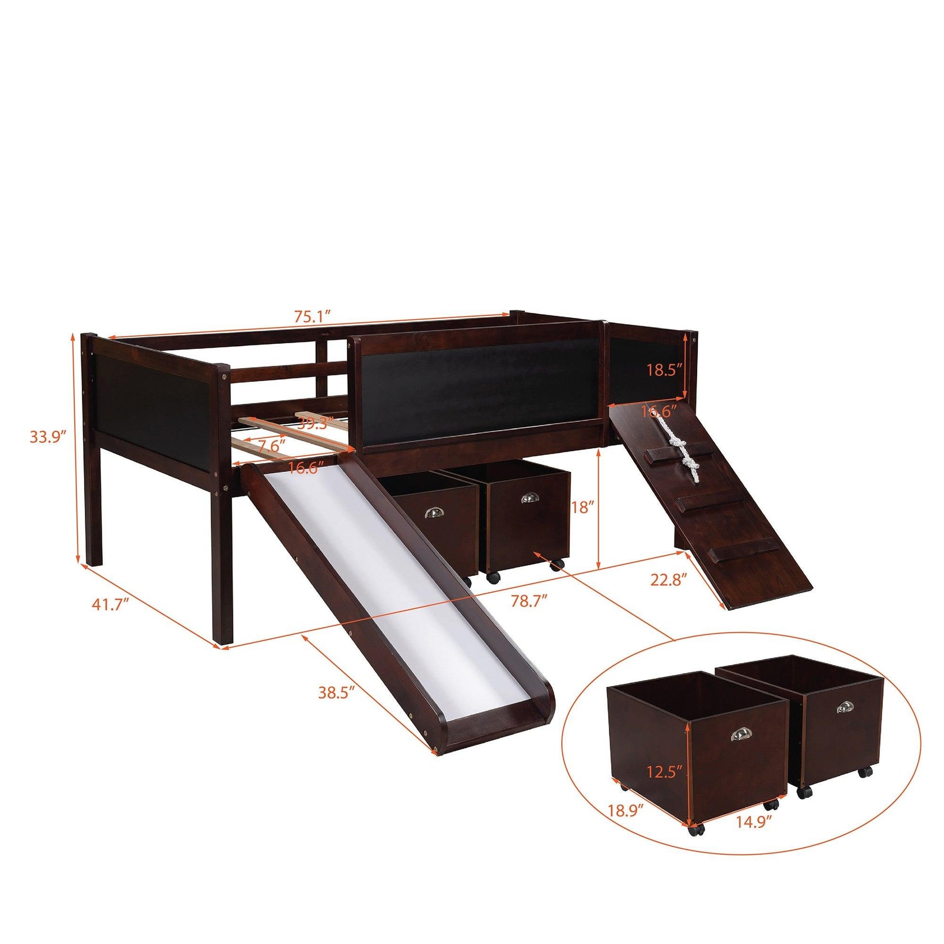 Climbing Frame Dark Brown Twin Size Loft Bed with Slide and Storage Boxes - FurniFindUSA