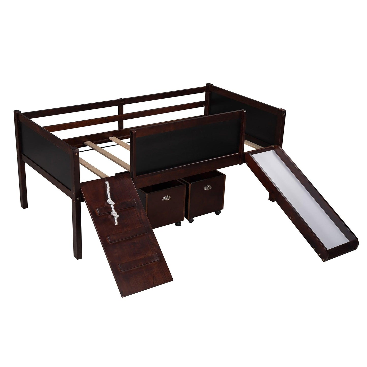 Climbing Frame Dark Brown Twin Size Loft Bed with Slide and Storage Boxes - FurniFindUSA