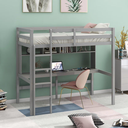 Minimalist Gray Twin Size Loft Bed with Built In Desk and Shelf - FurniFindUSA