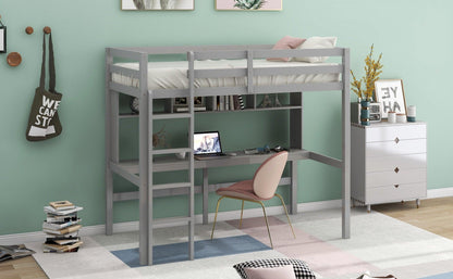 Minimalist Gray Twin Size Loft Bed with Built In Desk and Shelf - FurniFindUSA