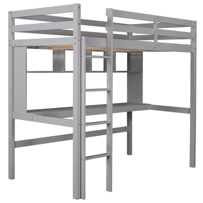 Minimalist Gray Twin Size Loft Bed with Built In Desk and Shelf - FurniFindUSA