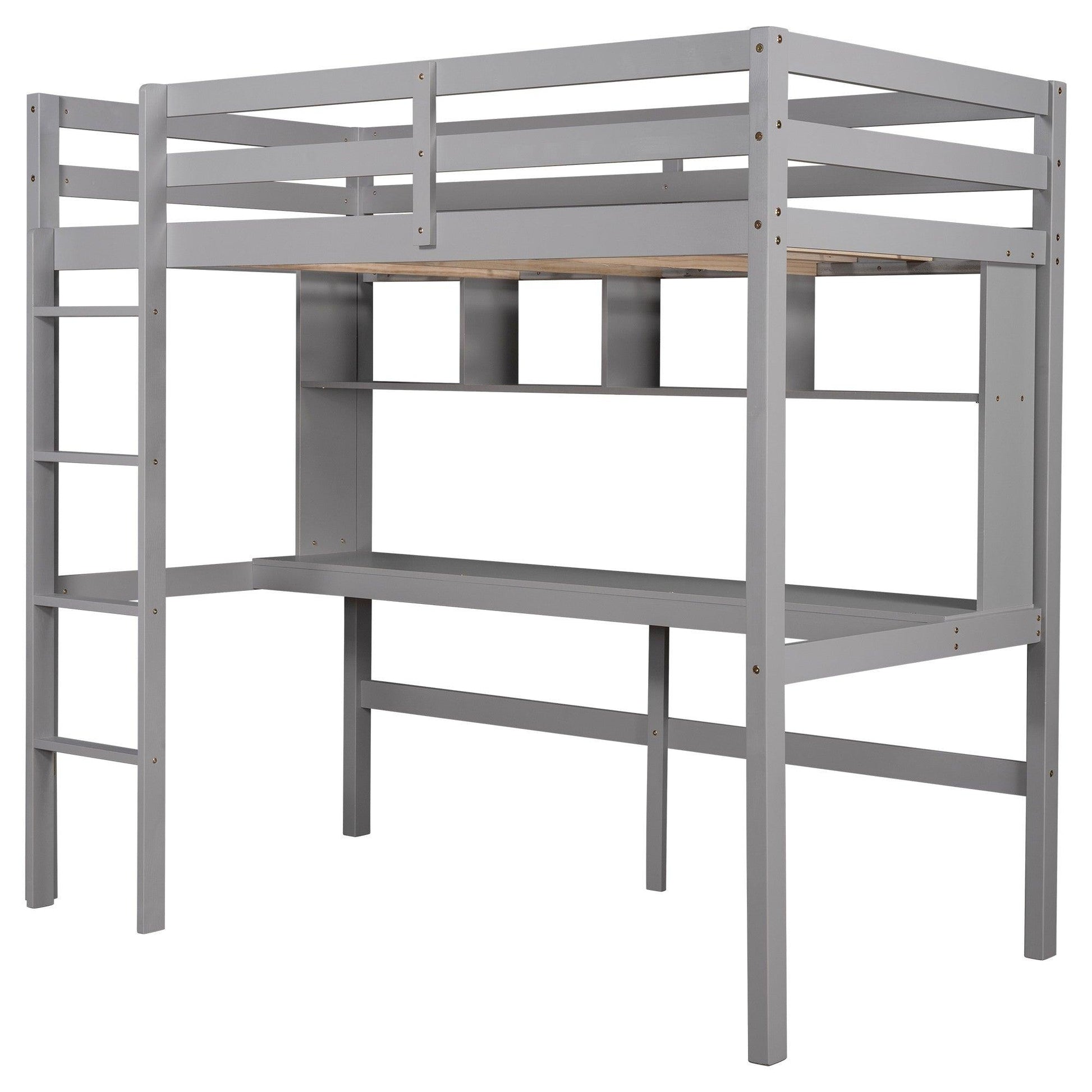 Minimalist Gray Twin Size Loft Bed with Built In Desk and Shelf - FurniFindUSA