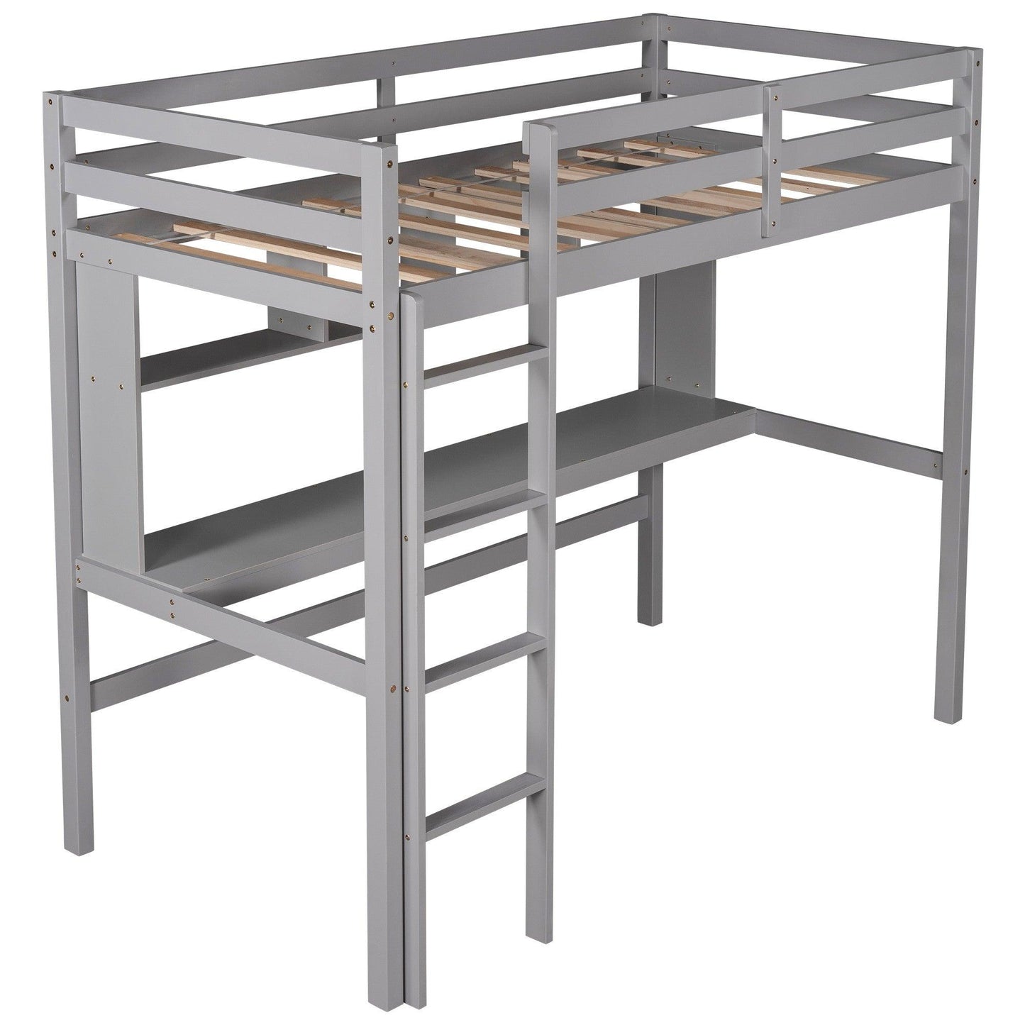 Minimalist Gray Twin Size Loft Bed with Built In Desk and Shelf - FurniFindUSA