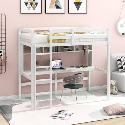 Minimalist White Twin Size Loft Bed with Built In Desk and Shelf - FurniFindUSA