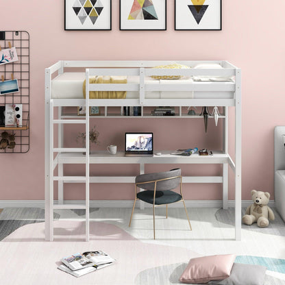 Minimalist White Twin Size Loft Bed with Built In Desk and Shelf - FurniFindUSA