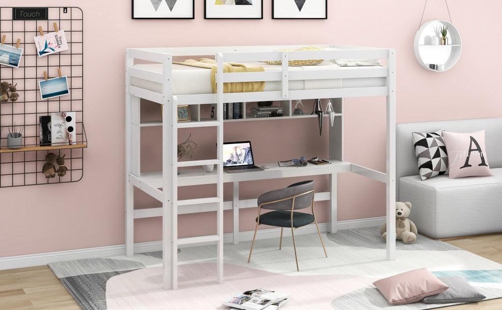 Minimalist White Twin Size Loft Bed with Built In Desk and Shelf - FurniFindUSA