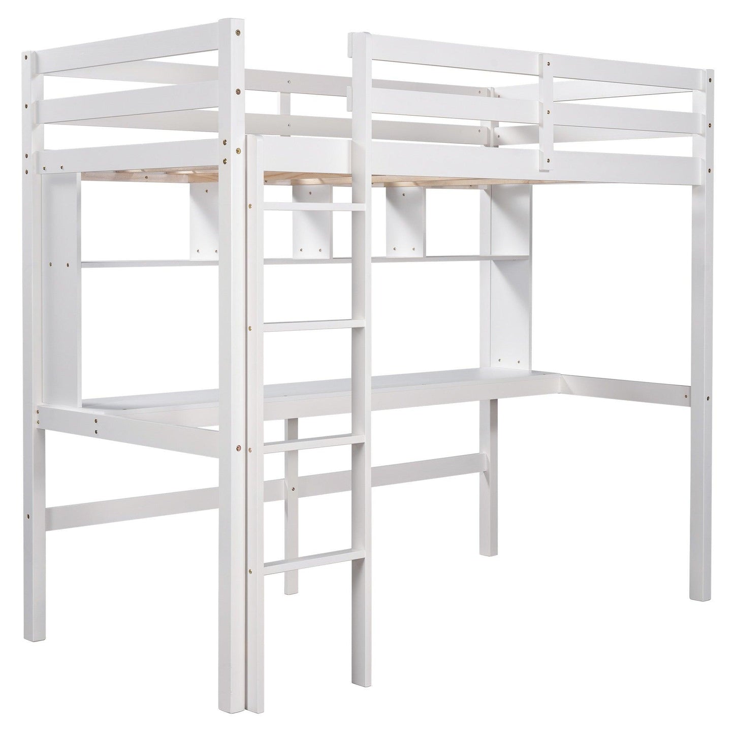 Minimalist White Twin Size Loft Bed with Built In Desk and Shelf - FurniFindUSA