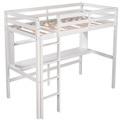 Minimalist White Twin Size Loft Bed with Built In Desk and Shelf - FurniFindUSA