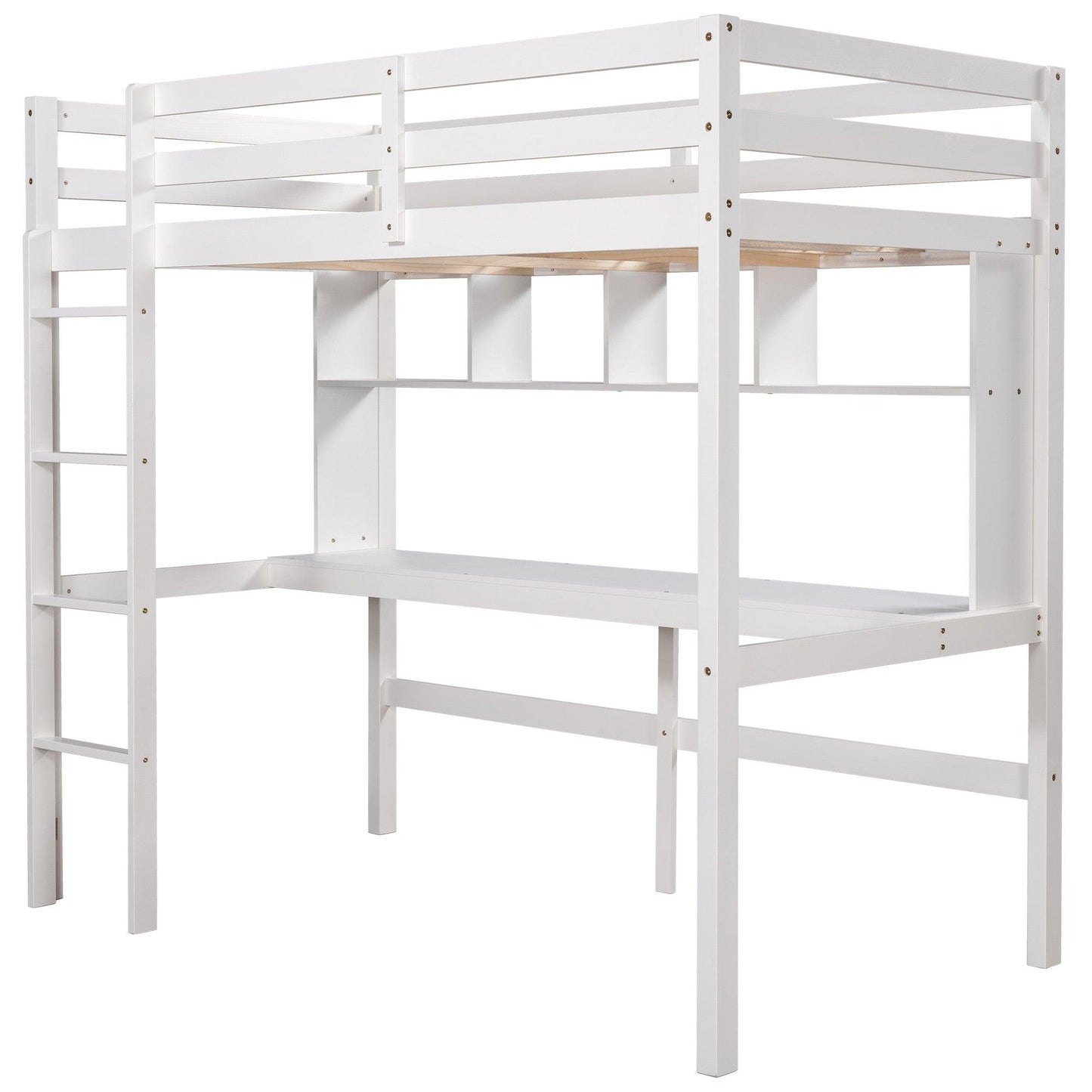 Minimalist White Twin Size Loft Bed with Built In Desk and Shelf - FurniFindUSA