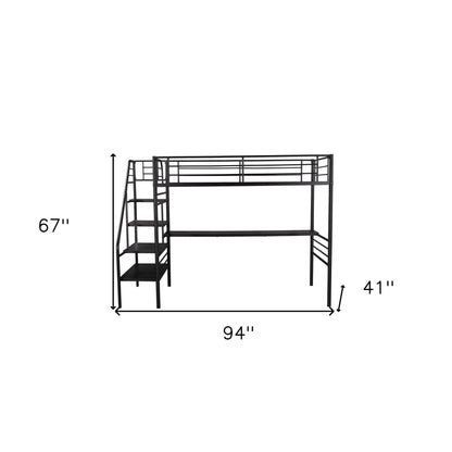 Mod Black Twin Size Metal Loft Bed with Desk and Stairs - FurniFindUSA