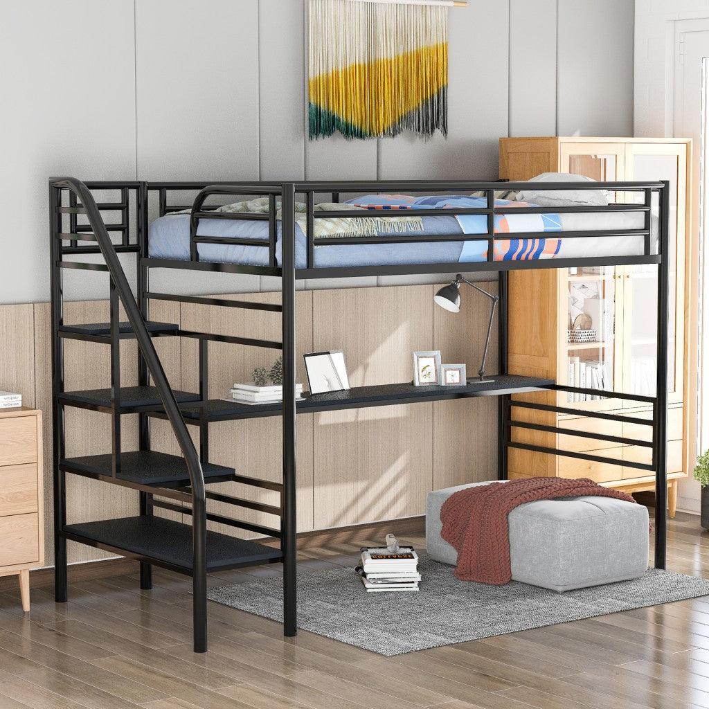 Mod Black Twin Size Metal Loft Bed with Desk and Stairs - FurniFindUSA