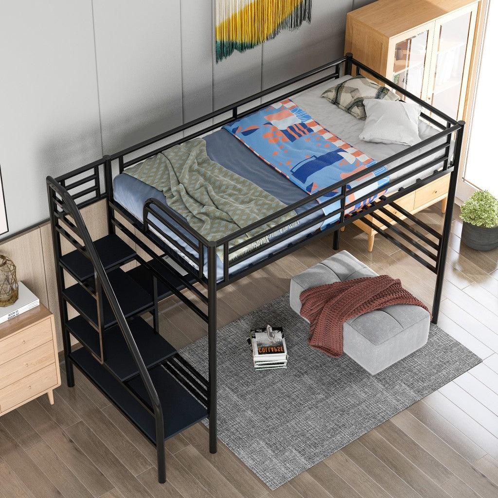 Mod Black Twin Size Metal Loft Bed with Desk and Stairs - FurniFindUSA