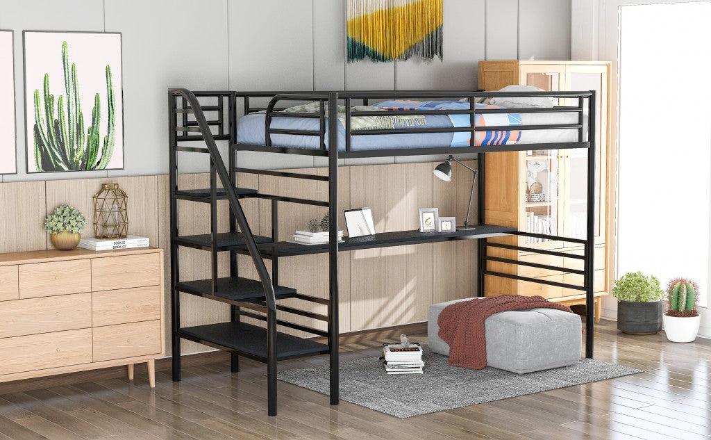 Mod Black Twin Size Metal Loft Bed with Desk and Stairs - FurniFindUSA