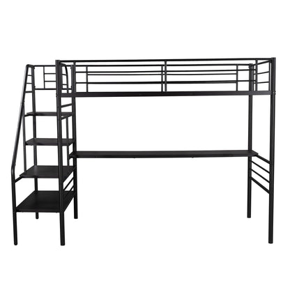 Mod Black Twin Size Metal Loft Bed with Desk and Stairs - FurniFindUSA