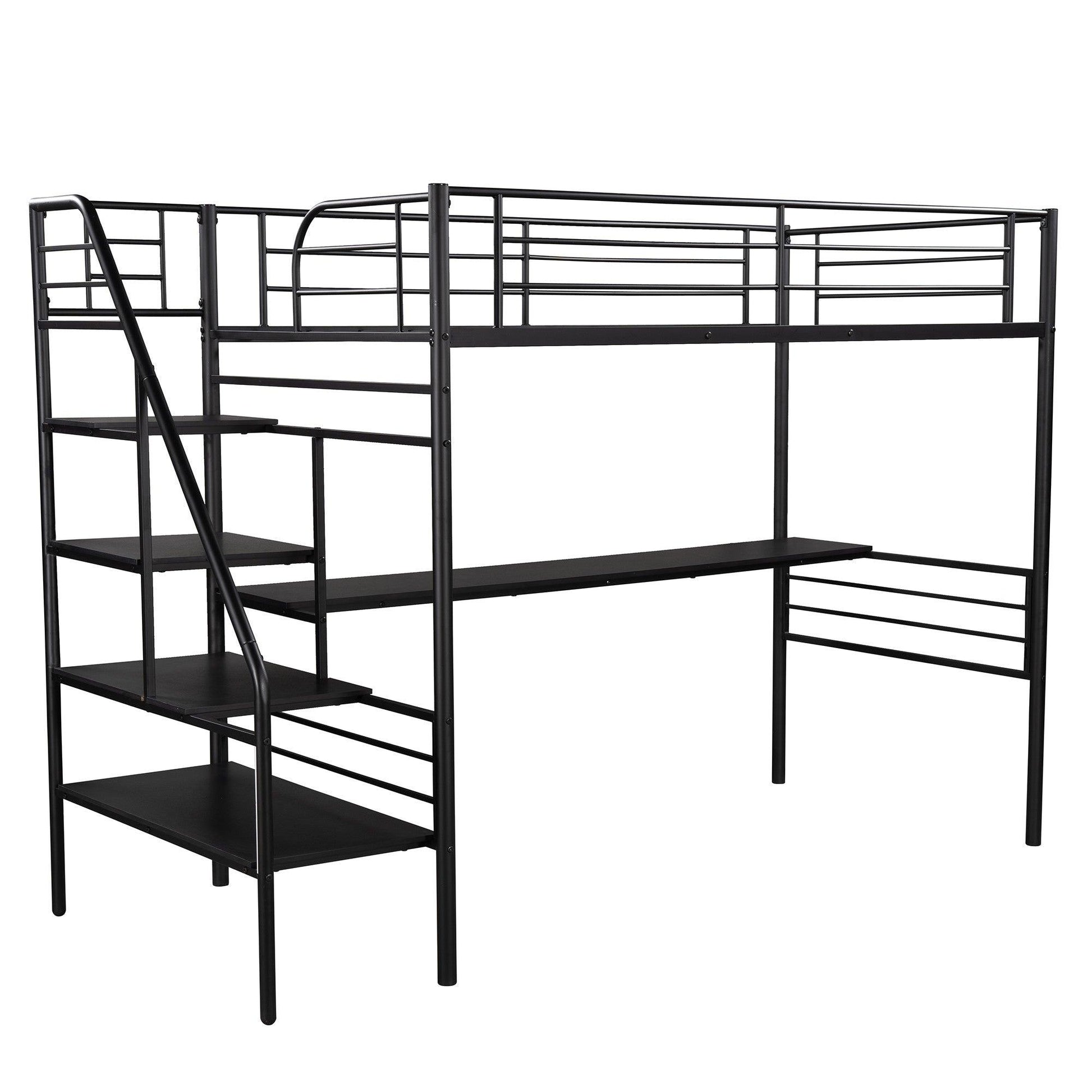 Mod Black Twin Size Metal Loft Bed with Desk and Stairs - FurniFindUSA