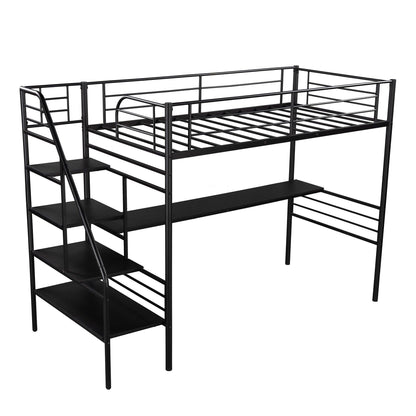 Mod Black Twin Size Metal Loft Bed with Desk and Stairs - FurniFindUSA