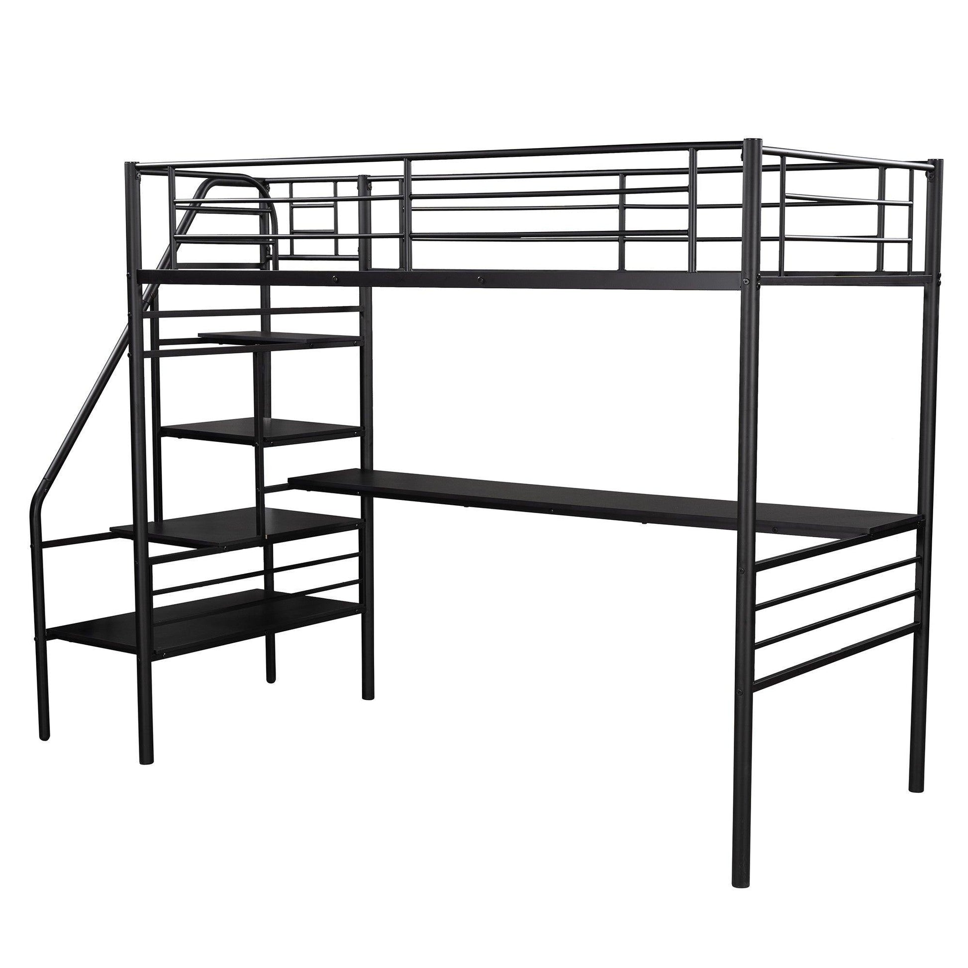 Mod Black Twin Size Metal Loft Bed with Desk and Stairs - FurniFindUSA