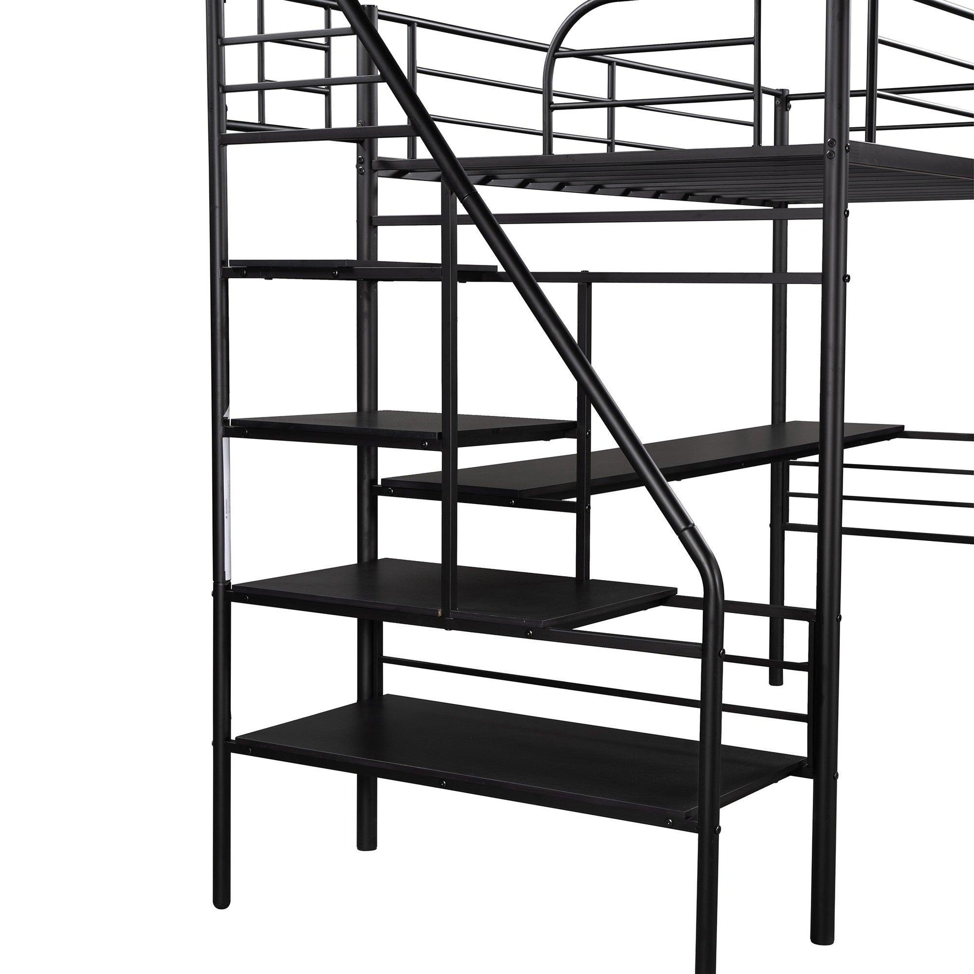 Mod Black Twin Size Metal Loft Bed with Desk and Stairs - FurniFindUSA