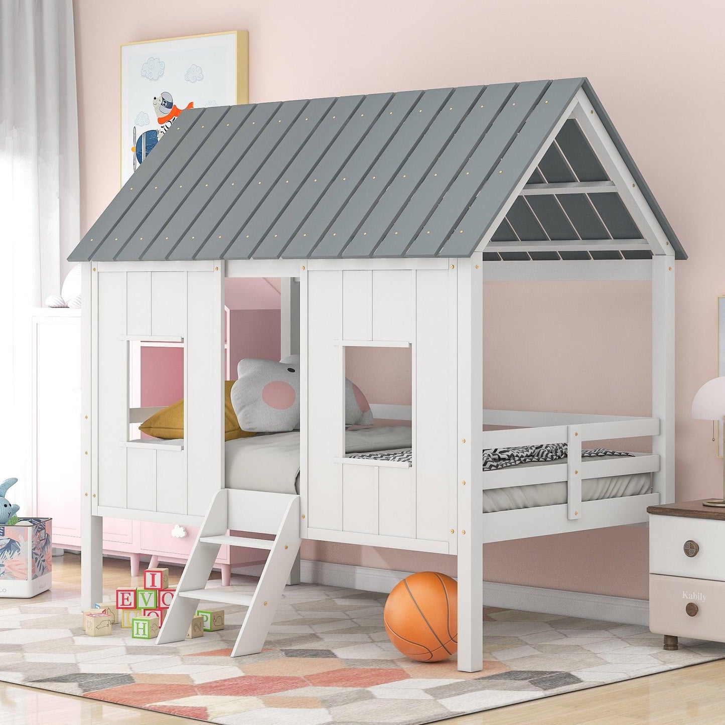 Playhouse with Windows and Roof White Twin Size Low Loft Bed - FurniFindUSA