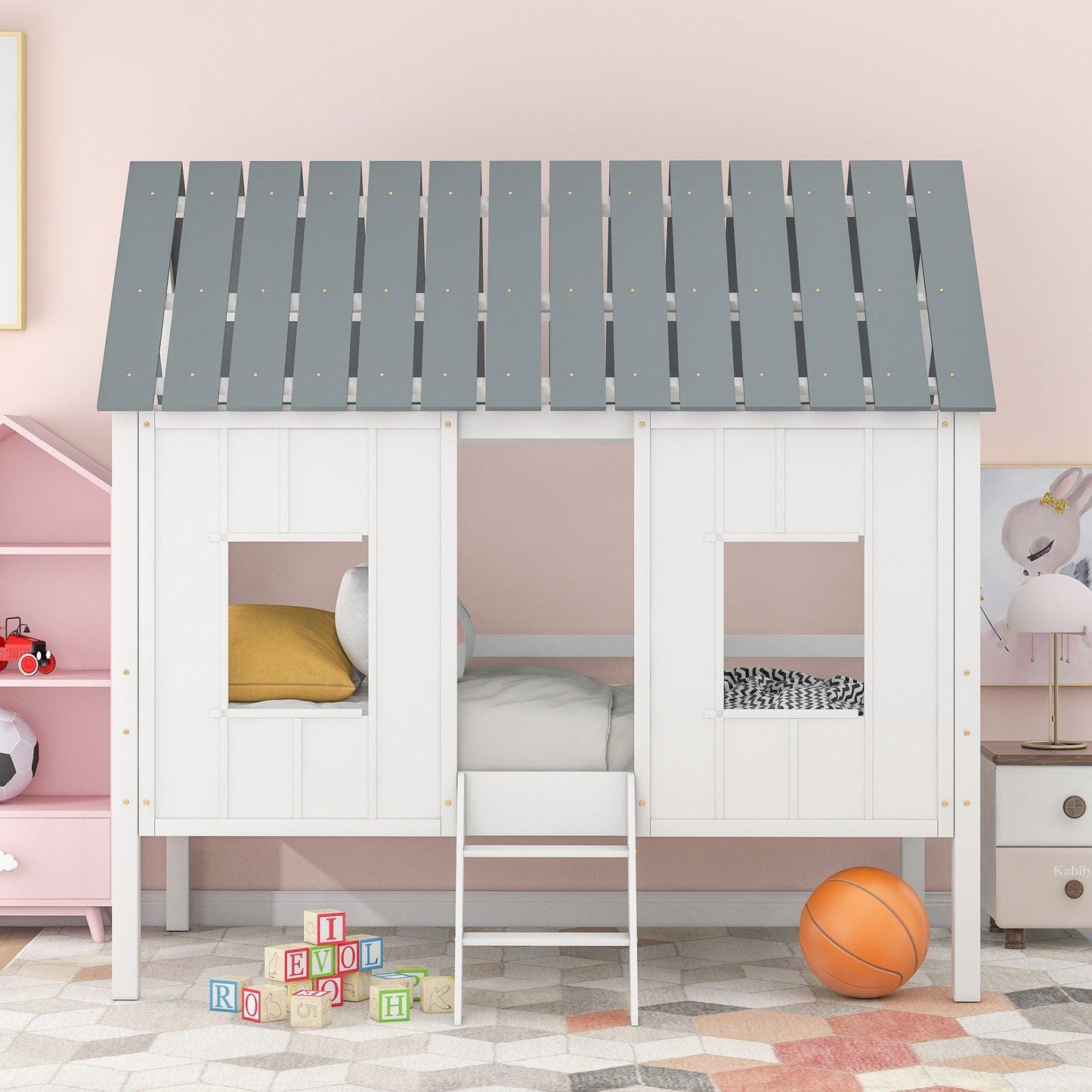 Playhouse with Windows and Roof White Twin Size Low Loft Bed - FurniFindUSA