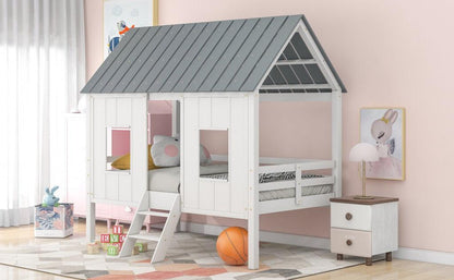 Playhouse with Windows and Roof White Twin Size Low Loft Bed - FurniFindUSA