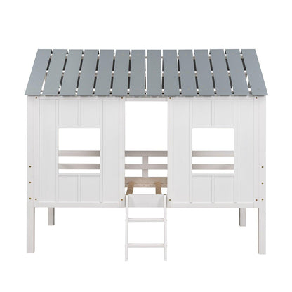 Playhouse with Windows and Roof White Twin Size Low Loft Bed - FurniFindUSA