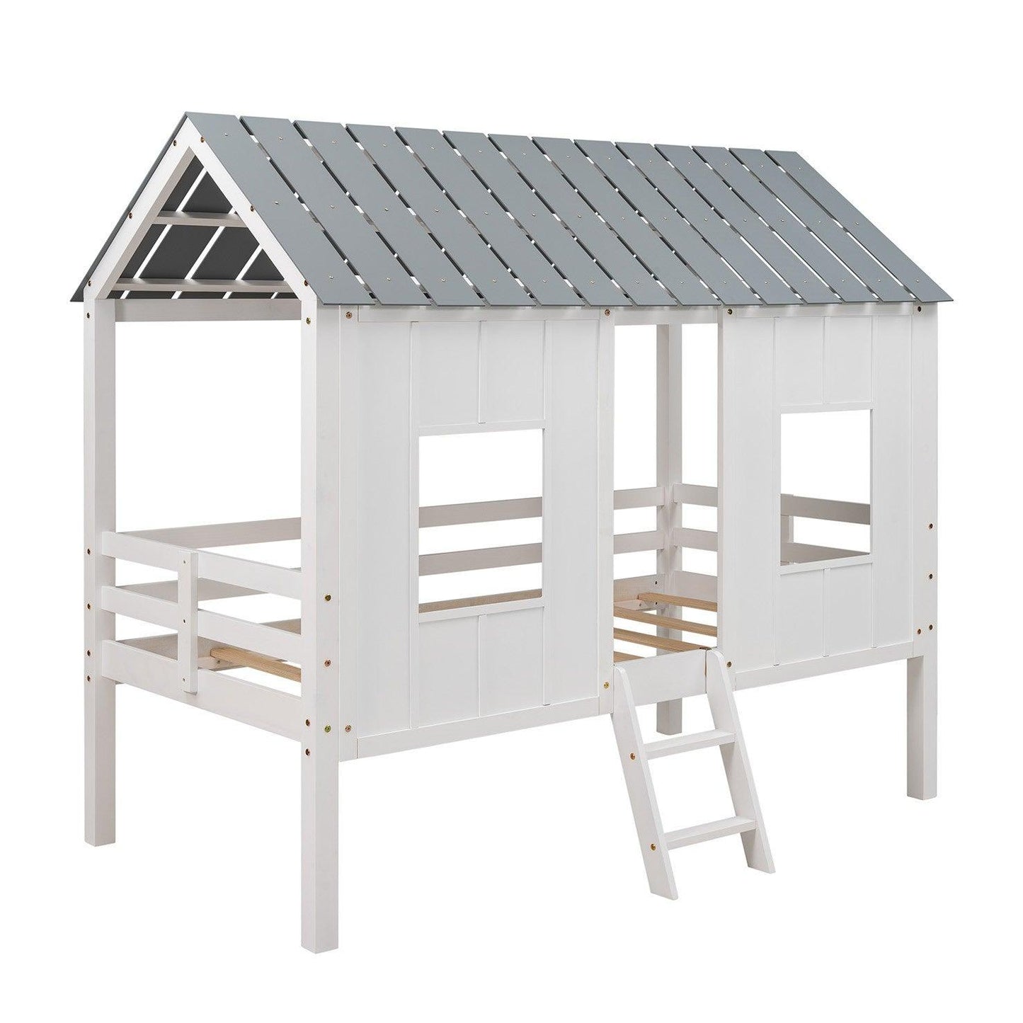 Playhouse with Windows and Roof White Twin Size Low Loft Bed - FurniFindUSA