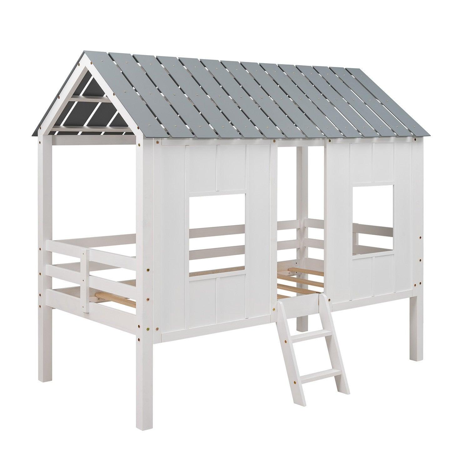 Playhouse with Windows and Roof White Twin Size Low Loft Bed - FurniFindUSA