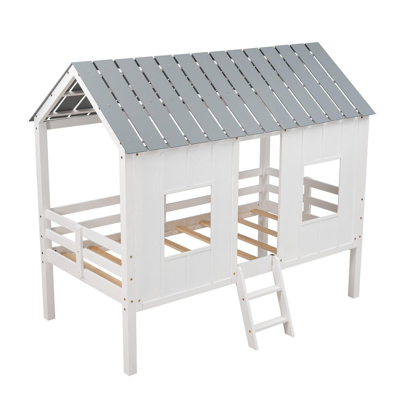 Playhouse with Windows and Roof White Twin Size Low Loft Bed - FurniFindUSA