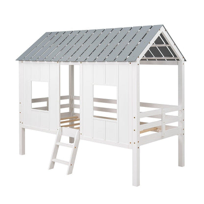 Playhouse with Windows and Roof White Twin Size Low Loft Bed - FurniFindUSA