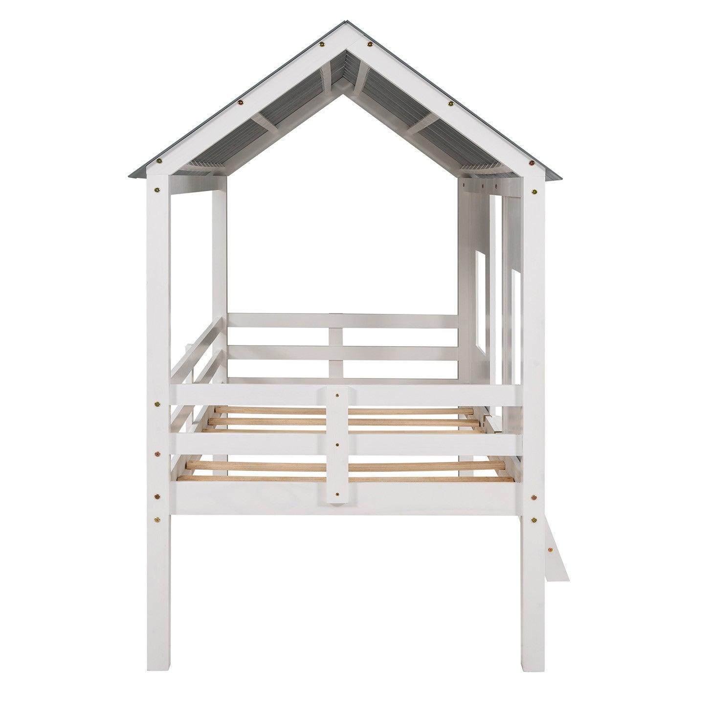 Playhouse with Windows and Roof White Twin Size Low Loft Bed - FurniFindUSA