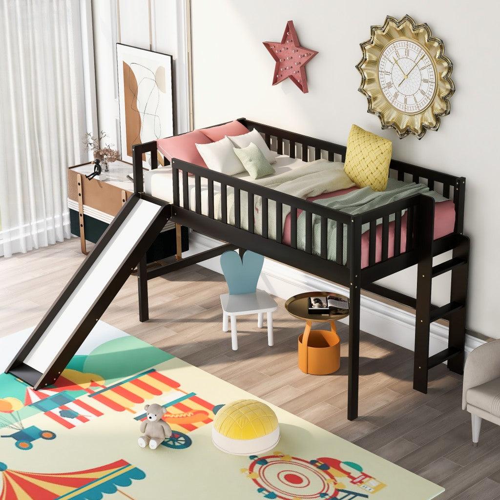 Dark Brown Twin Size Loft Bed with Slide - FurniFindUSA