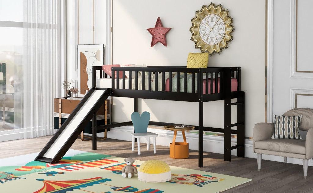 Dark Brown Twin Size Loft Bed with Slide - FurniFindUSA