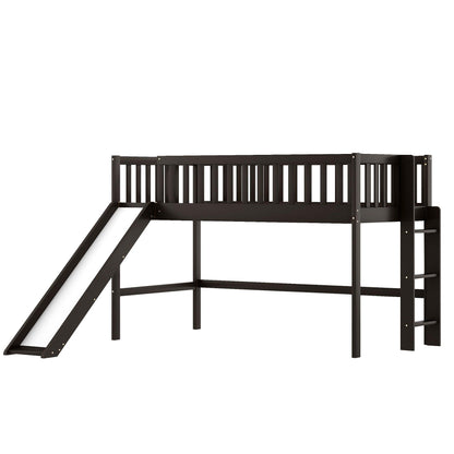 Dark Brown Twin Size Loft Bed with Slide - FurniFindUSA