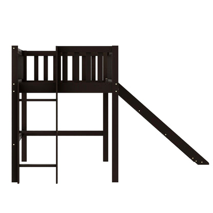 Dark Brown Twin Size Loft Bed with Slide - FurniFindUSA