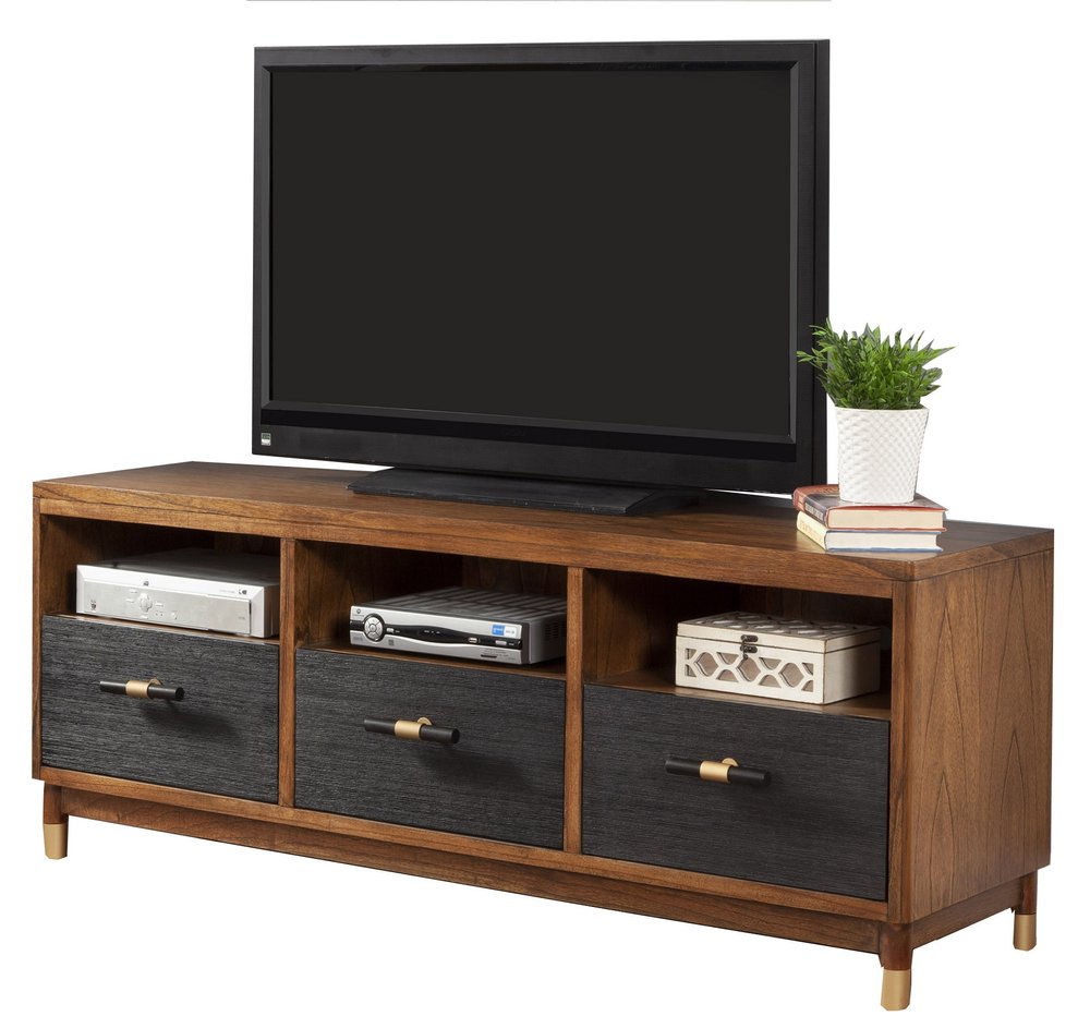 61" Brown and Black Solid Wood Open Shelving TV Stand HomeRoots