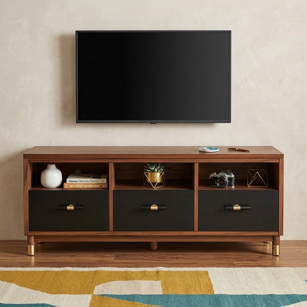 61" Brown and Black Solid Wood Open Shelving TV Stand HomeRoots