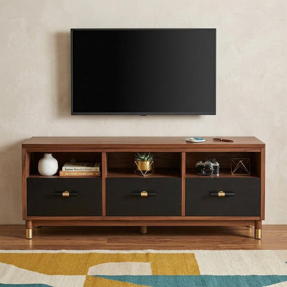 61" Brown and Black Solid Wood Open Shelving TV Stand HomeRoots