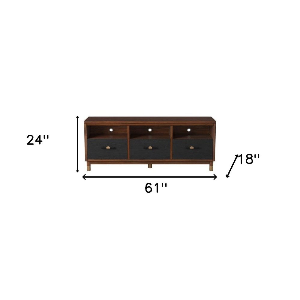 61" Brown and Black Solid Wood Open Shelving TV Stand HomeRoots