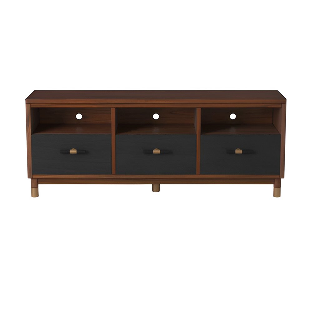 61" Brown and Black Solid Wood Open Shelving TV Stand HomeRoots