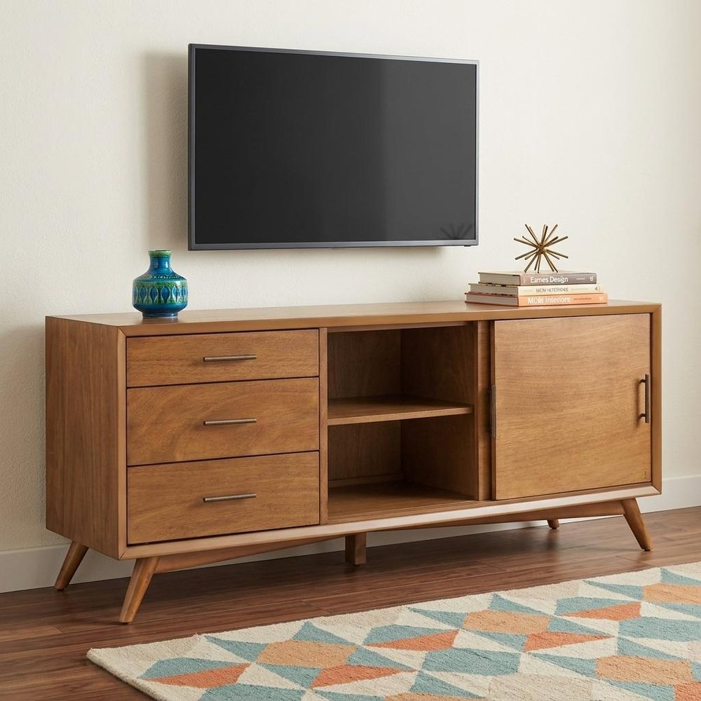 64" Brown TV Stand with Drawers and Sliding Door HomeRoots